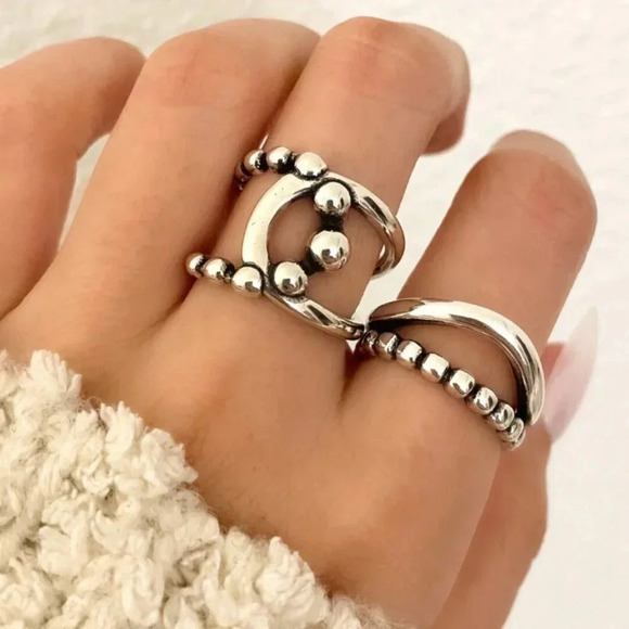 925 Sterling Silver Chunky Beaded Ring Large Bold Statement Ring - Picture 1 of 4